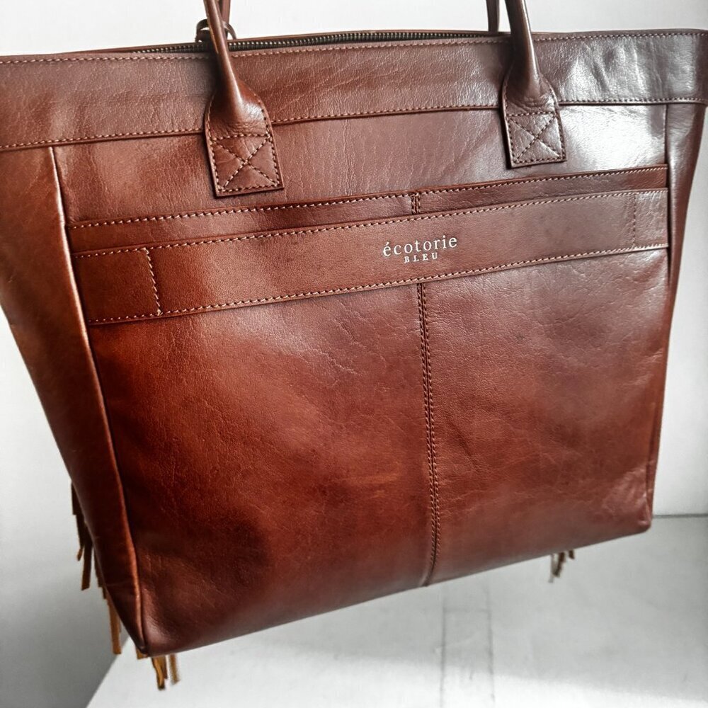 Ecotorie Jackson Tote Cognac Southwestern Print Canvas leather Fringe - Picture 6 of 8
